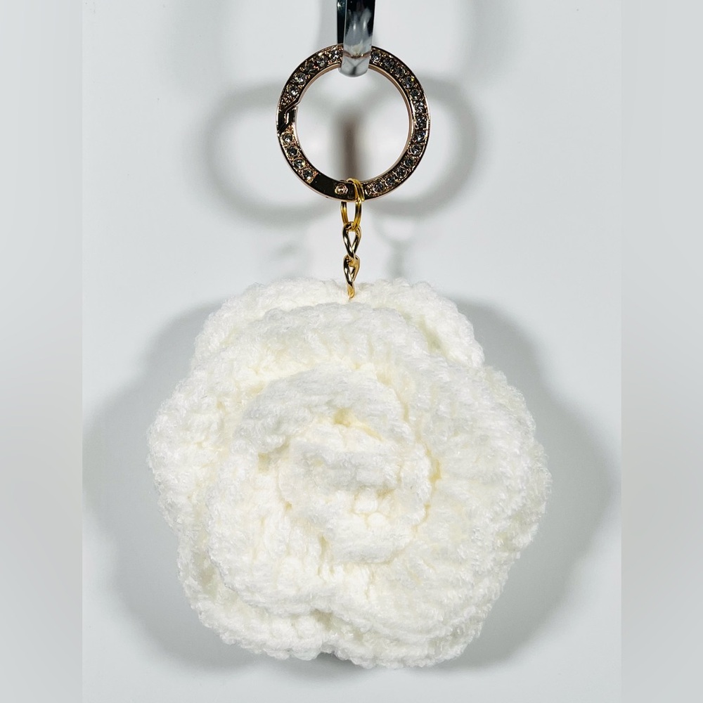 White Crochet Flower Bag Charm W/ Gold Tone Bling Ring